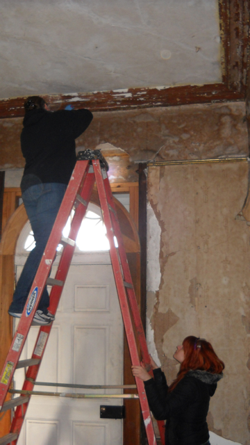 Here I am holding the ladder while my lab partner Kara extracts the plaster sample seen above. This photo gives a visual of the area where the sample came from.